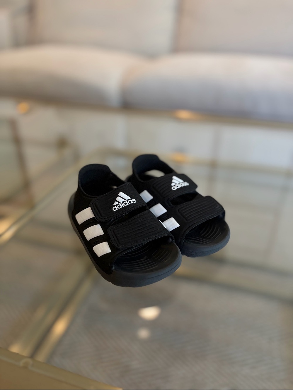 adidas Toddler/Baby Kids Black Sandals with White Stripe Accents - 5
